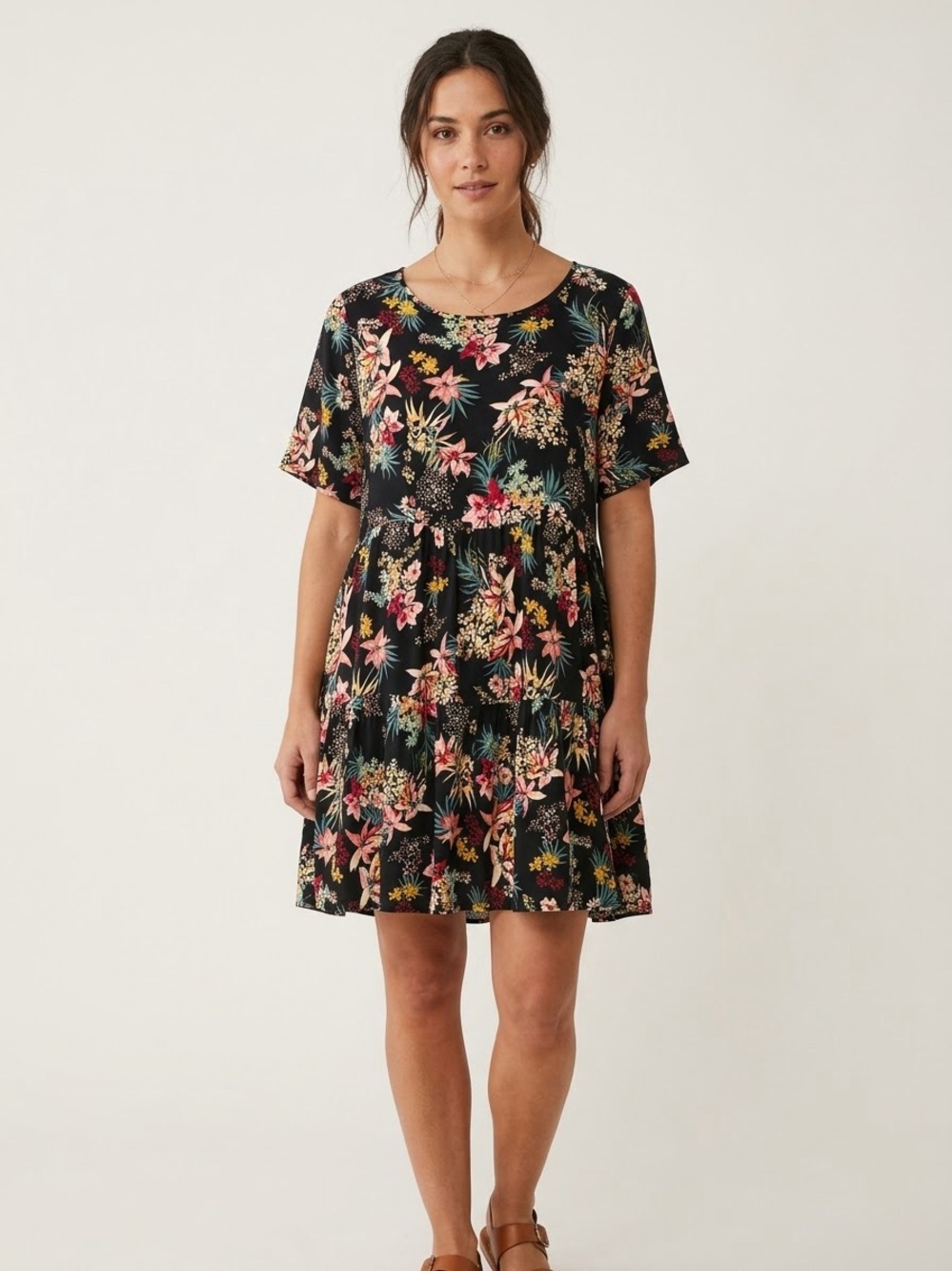 Cuesta Blanca Floral Tiered Babydoll Dress Short Sleeve Tropical Botanical Mini